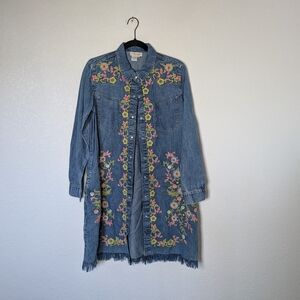 Embroidered Denim Shirt Dress - Blue with Floral Detail